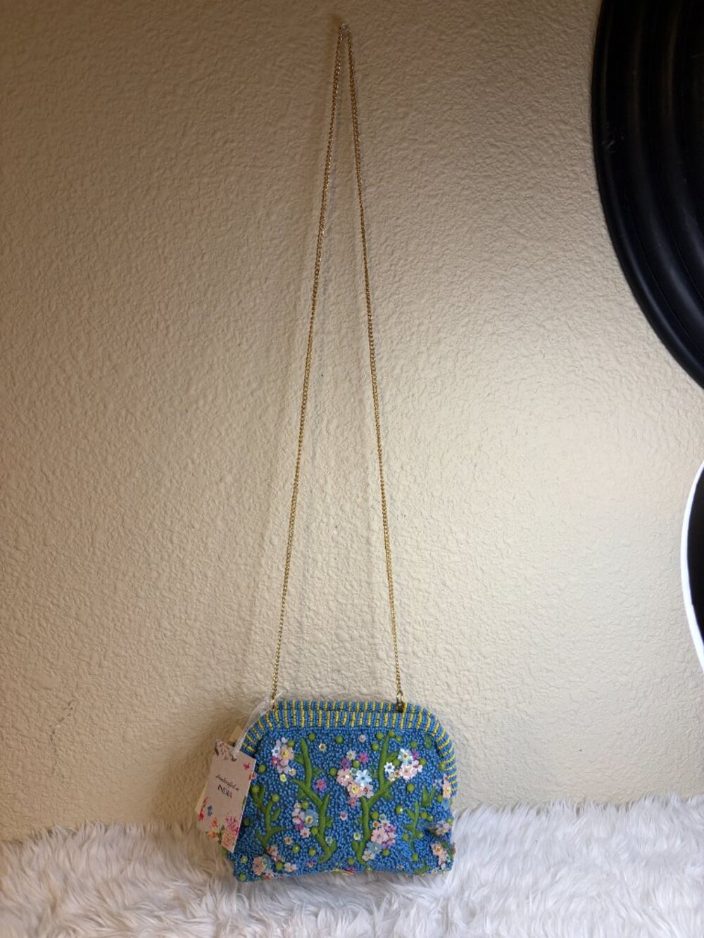 Made in India Blue Floral Beaded Crossbody Bag Sequin Purse NWT - Picture 2 of 8
